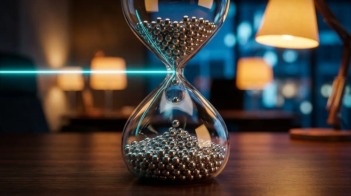 Macro photograph of a glass hourglass with small metal balls on a dark desk, where the narrow constriction is being precisely scanned by blue artificial intelligence laser light.
