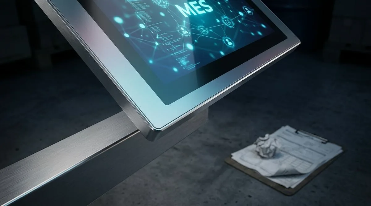 Close-up of a modern industrial MES terminal displaying digital production data, with paper reports left in shadow in the blurred background.