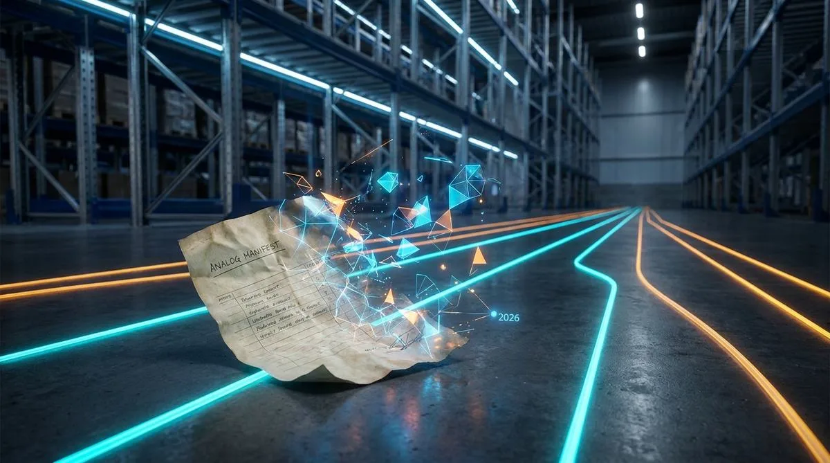 Crumpled paper transforming into glowing geometric data networks on the floor of a modern, automated logistics warehouse.