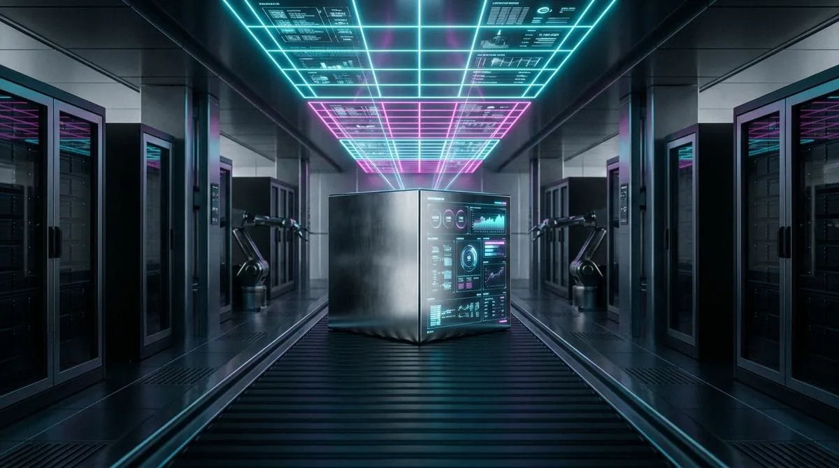 A symmetrical, futuristic scene showing digital light grids overlaid on a steel component on a production line, symbolizing advanced integration of e-commerce with industrial systems.