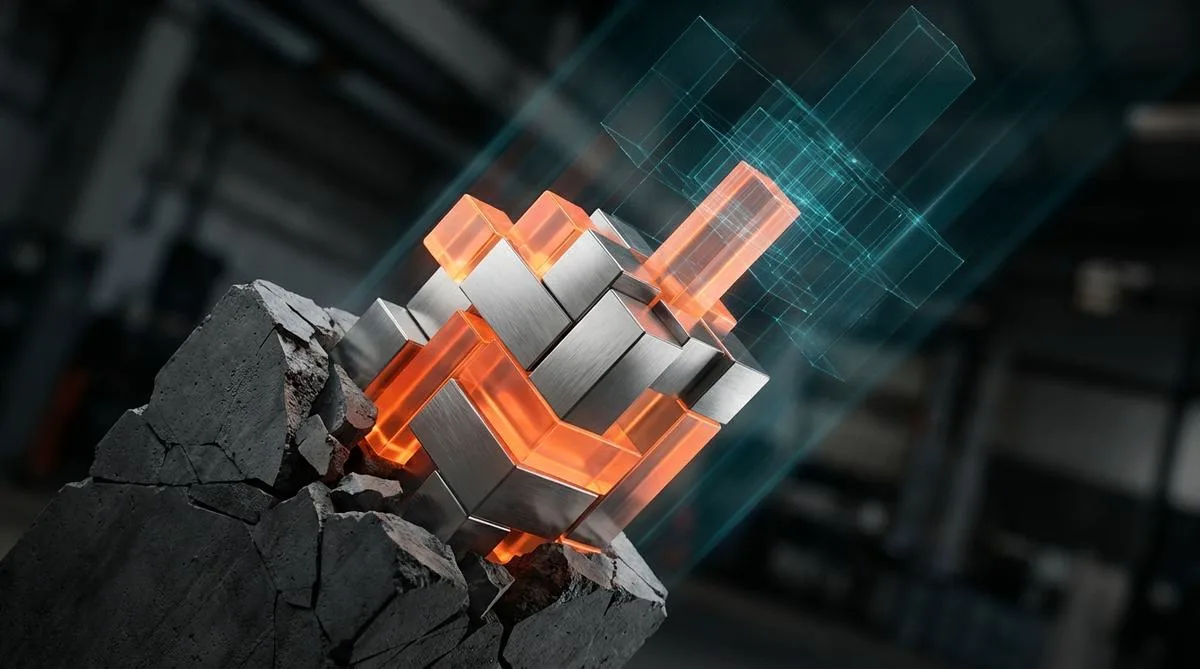 An abstract, photorealistic composition depicting luminous modular blocks and their holographic digital twins arranged along a dynamic diagonal, symbolizing modern business architecture.