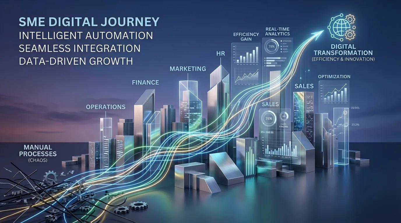 Infographic depicting digital transformation in SMEs with a modern, metallic cityscape, dynamic pathways, and illuminated business process flows.