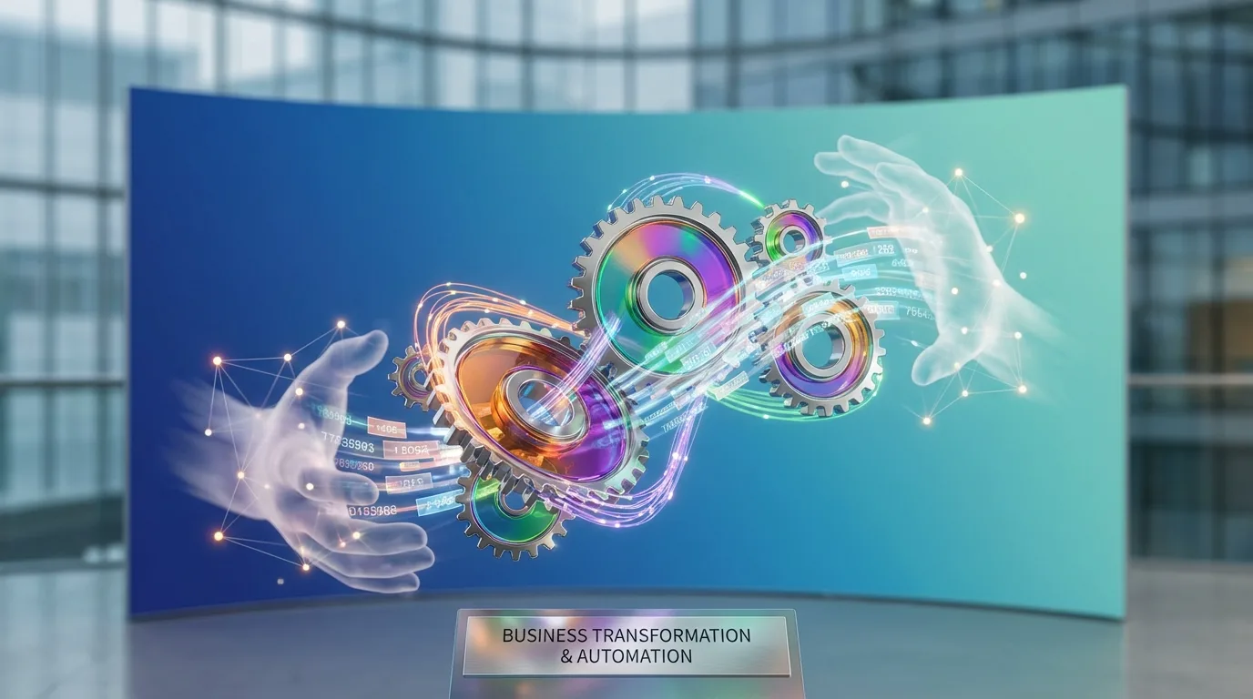 Abstract visualization of a digital business transformation process, depicting integrated workflows and digital data.
