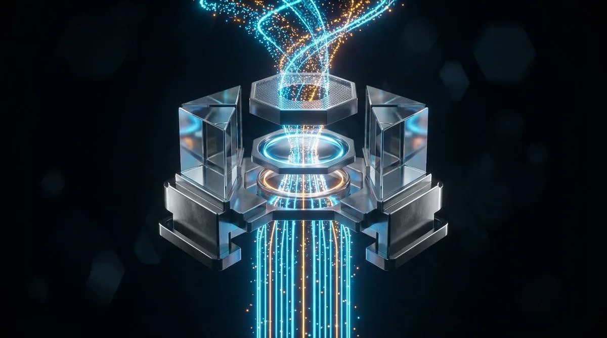 A symmetrical photographic composition depicting a futuristic mechanism made of geometric prisms and titanium, filtering and transforming a chaotic stream of light into ordered beams, symbolizing the process of data preparation and AI implementation.