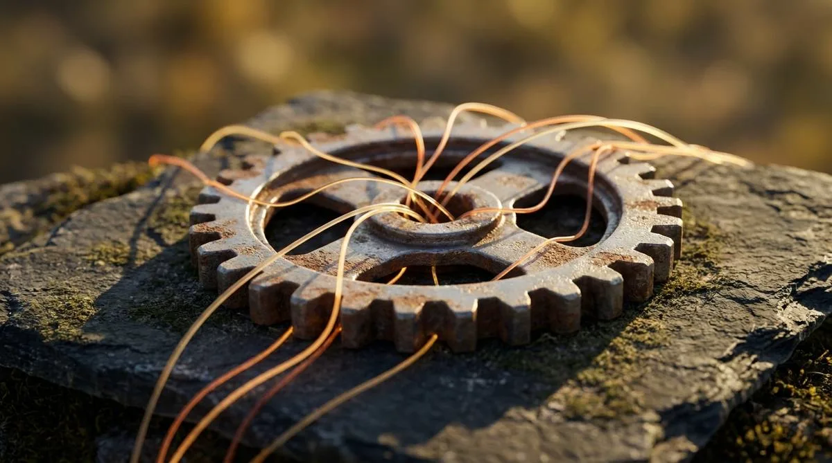 Close-up of a rigid metal mechanism being entwined by flexible, luminous fibers in warm tones, symbolizing modern AI systems.