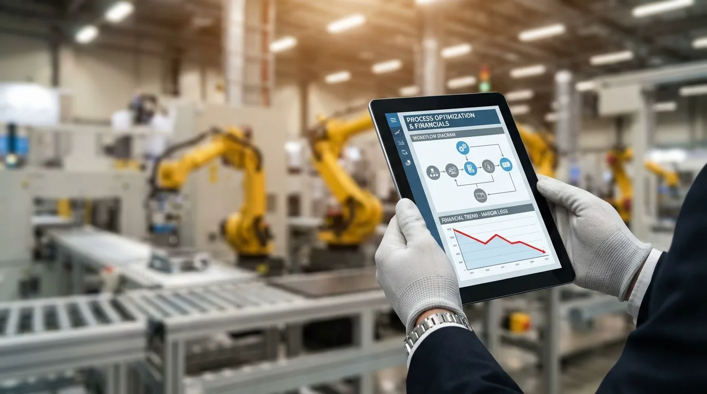 Close-up of a tablet displaying a margin decline chart against the blurred backdrop of a production hall, symbolizing operational cost analysis.