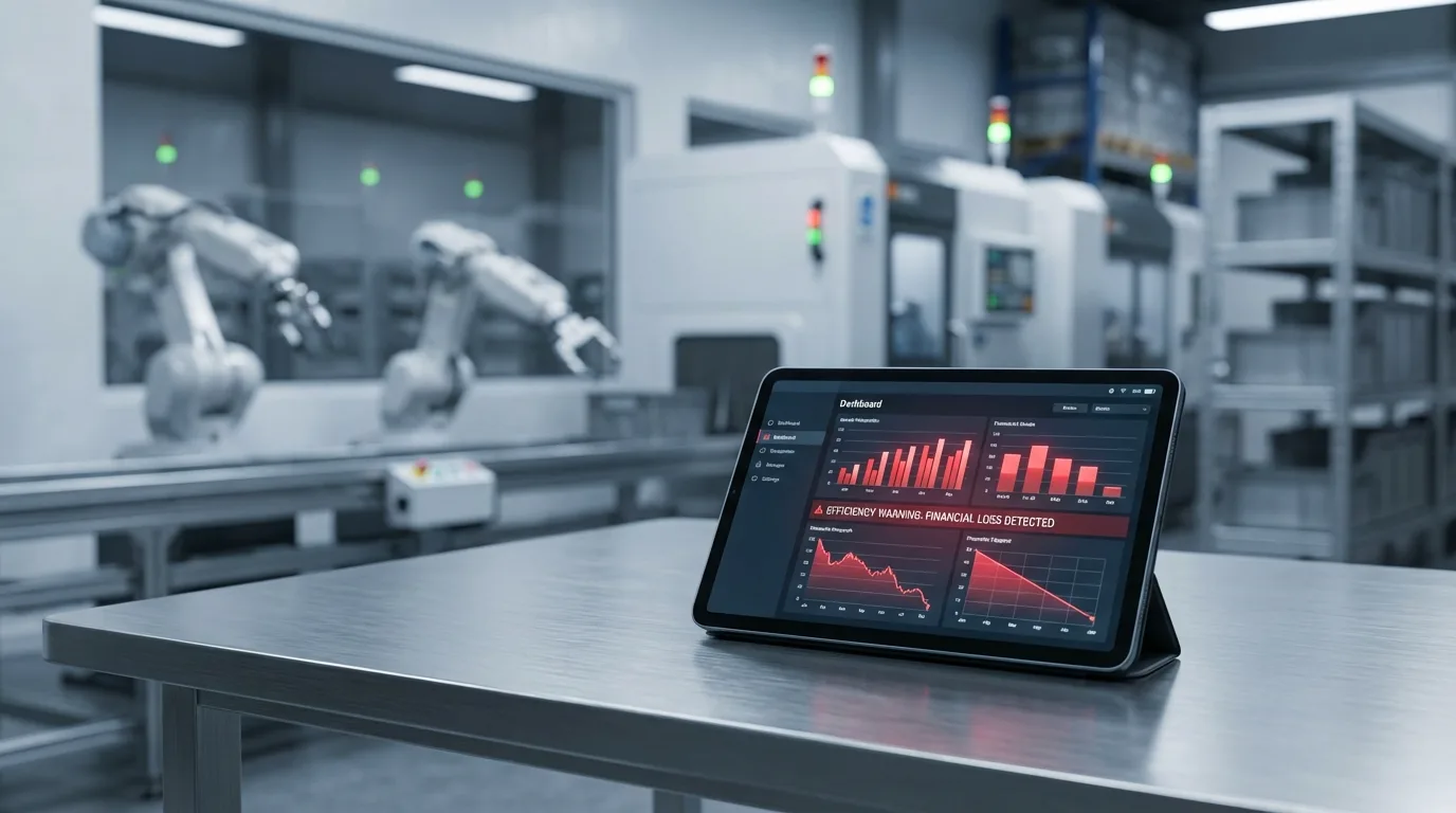 A tablet on a desk in a production hall displaying charts showing declining efficiency and operational costs.