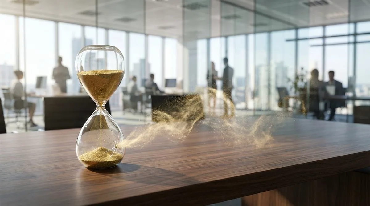 An elegant hourglass on a CEO's desk, from which golden dust leaks through a crack, symbolizing the loss of profits in a company.