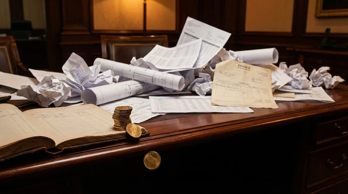 Close-up of an executive's desk buried under chaotic documents, with a gold coin falling off the edge, symbolizing the financial losses caused by disorganized processes.