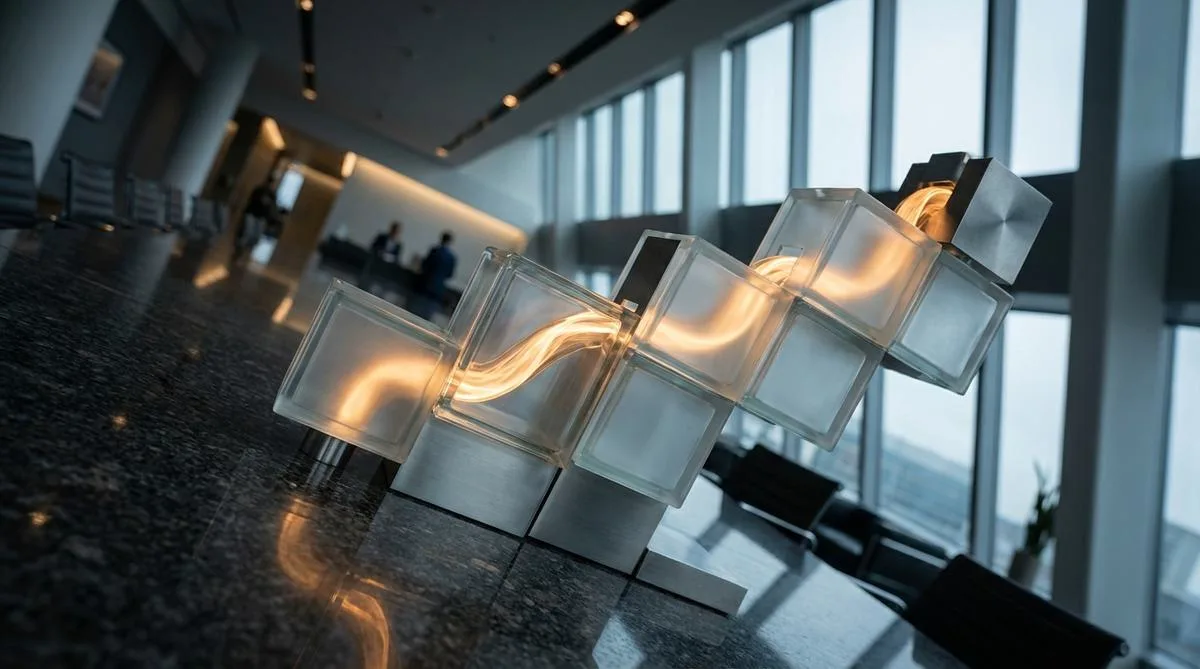 An abstract, modular glass model on a table surface, through which a luminous amber stream flows at an angle, set against the backdrop of a blurred office interior.