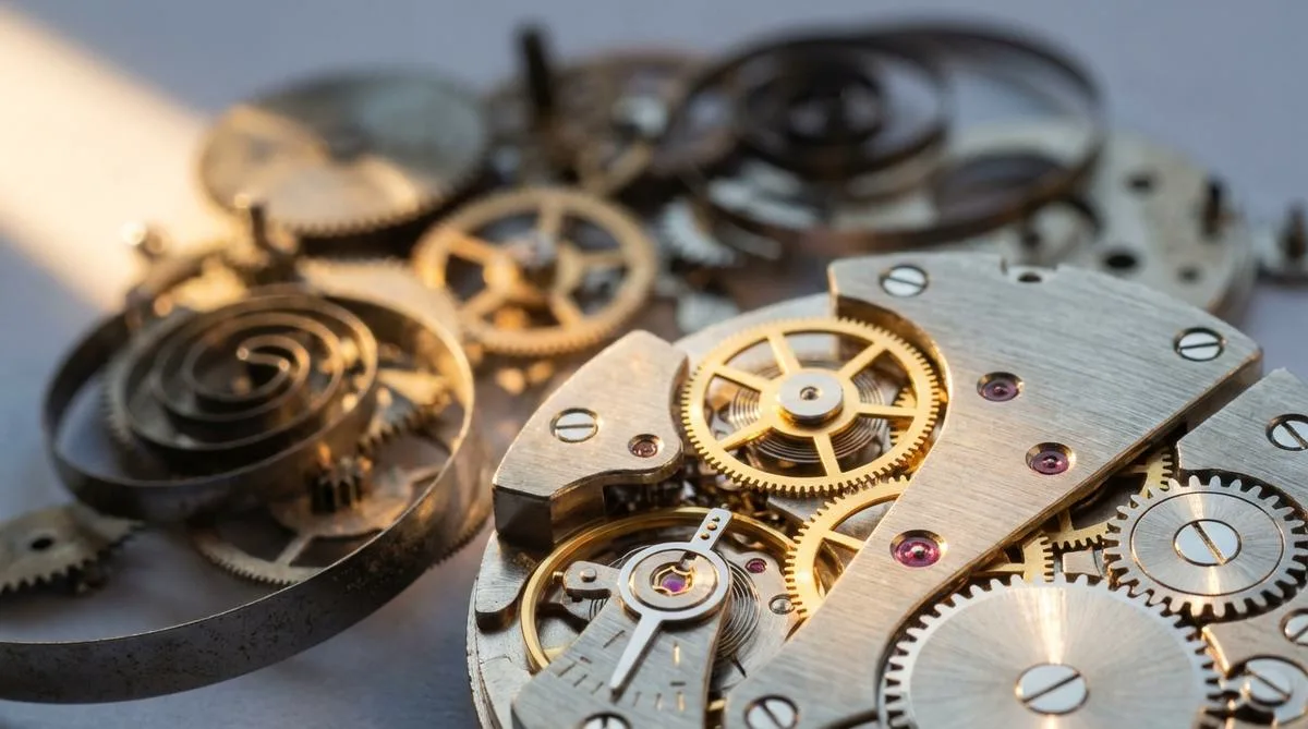 Macro photograph of a watch mechanism, where blurred and dusty gears in the background transition smoothly into perfectly clean, gleaming cogs in the foreground, illuminated by warm sunlight.