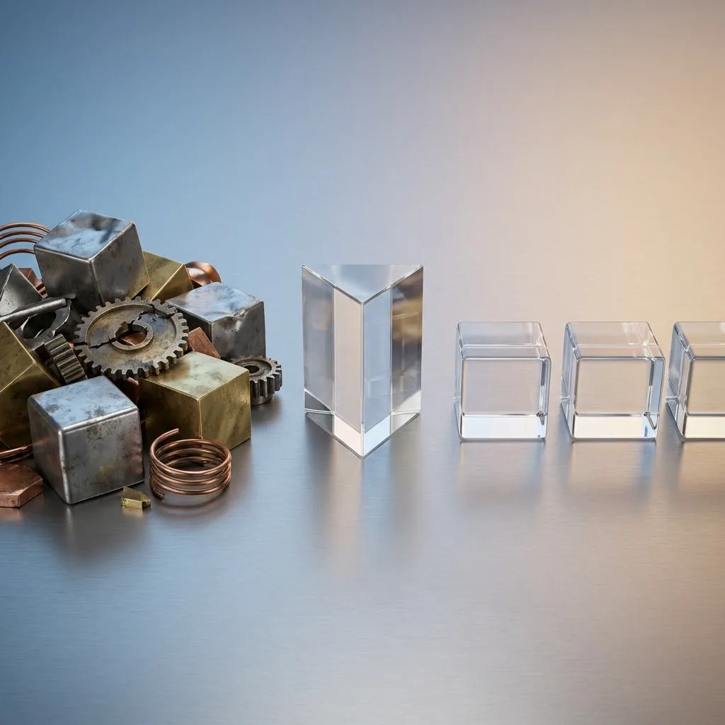 A minimalist photographic composition depicting the process of filtering chaotic, matte elements into perfectly arranged, transparent cubes, symbolizing the process of cleansing and migrating data into an ERP system.