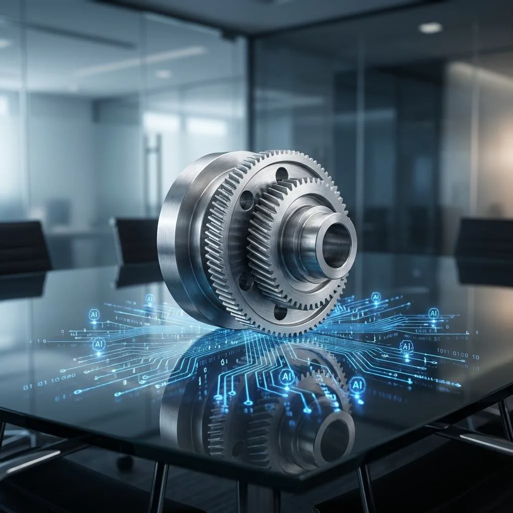 A photograph of a metal industrial component casting a luminous, digital shadow of data, symbolizing the safe testing of artificial intelligence in shadow mode.