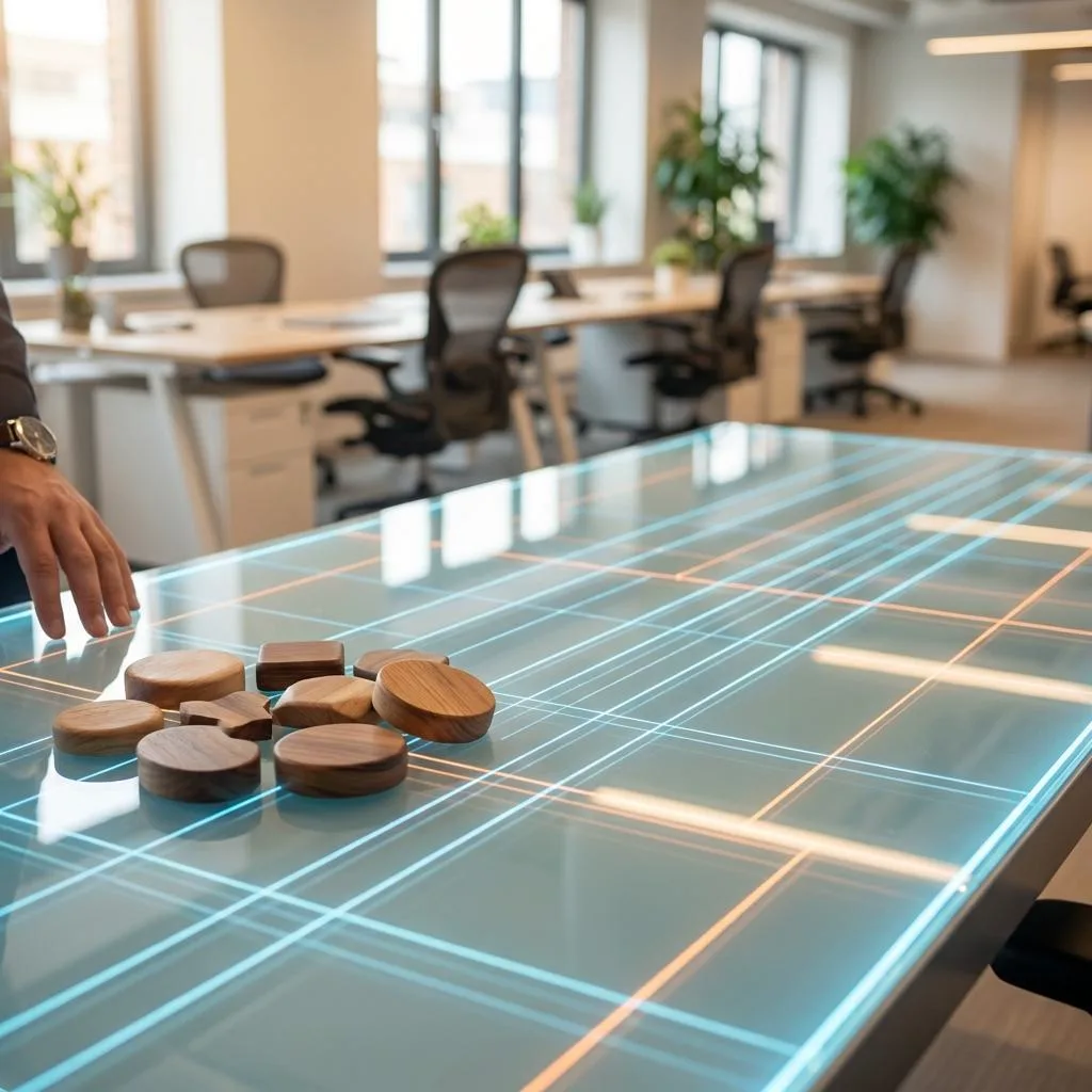 Wooden tokens on a modern, glass tabletop with an illuminated grid against a blurred, bright office background, symbolizing the integration of employees with an ERP system.