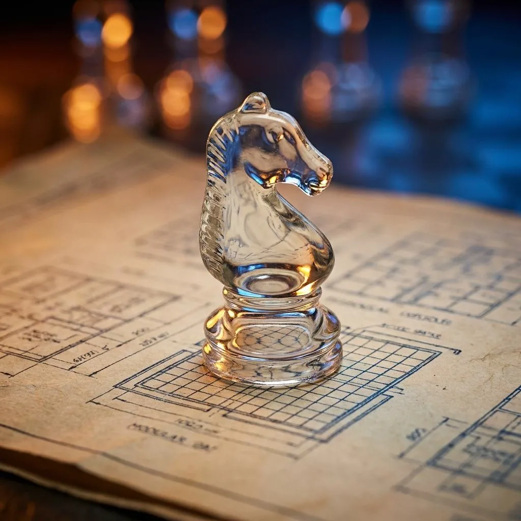 Macro photograph of a glass chess piece on technical drawings of modular buildings, against a blurred background of amber and blue lights.