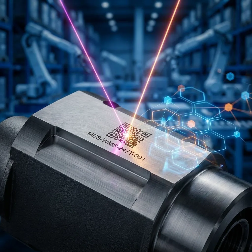 Macro photograph of a metal component with an engraved code being scanned by a laser beam generating geometric data structures.