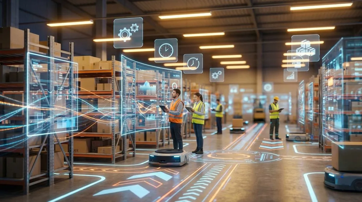 Abstract visualization of a modern warehouse with digital elements, symbolizing the transformation of logistics.