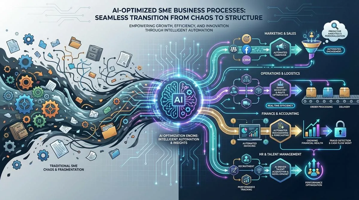 An infographic illustrating the optimization of business processes in SMEs through artificial intelligence, featuring abstract technological elements and a dynamic background.