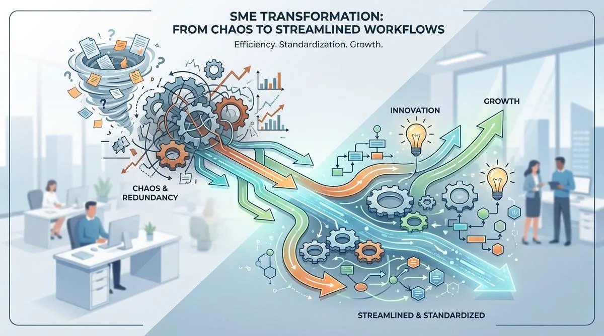 An infographic depicting the transformation of chaotic operations into standardized workflows in an SME, with abstract representations of gears and digital diagrams in a modern office setting.