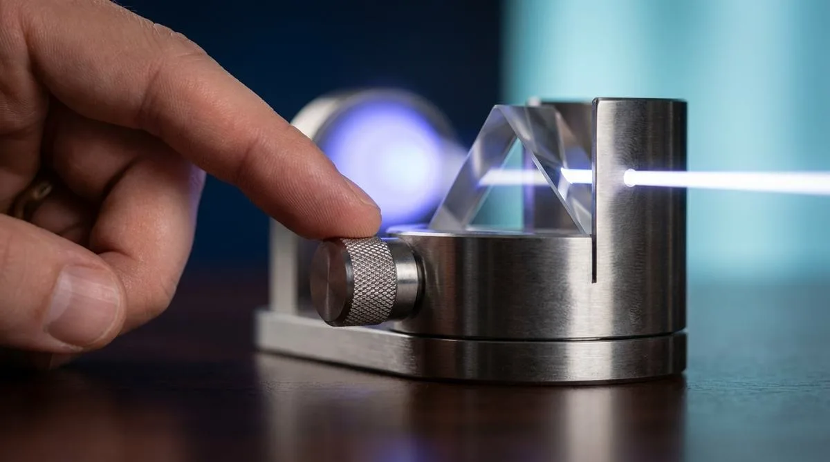 Macro photograph of a precision optical mechanism, where a human finger calibrates a steel knob on a lens focusing scattered light into a perfectly straight beam, symbolizing control over artificial intelligence in deterministic business processes.