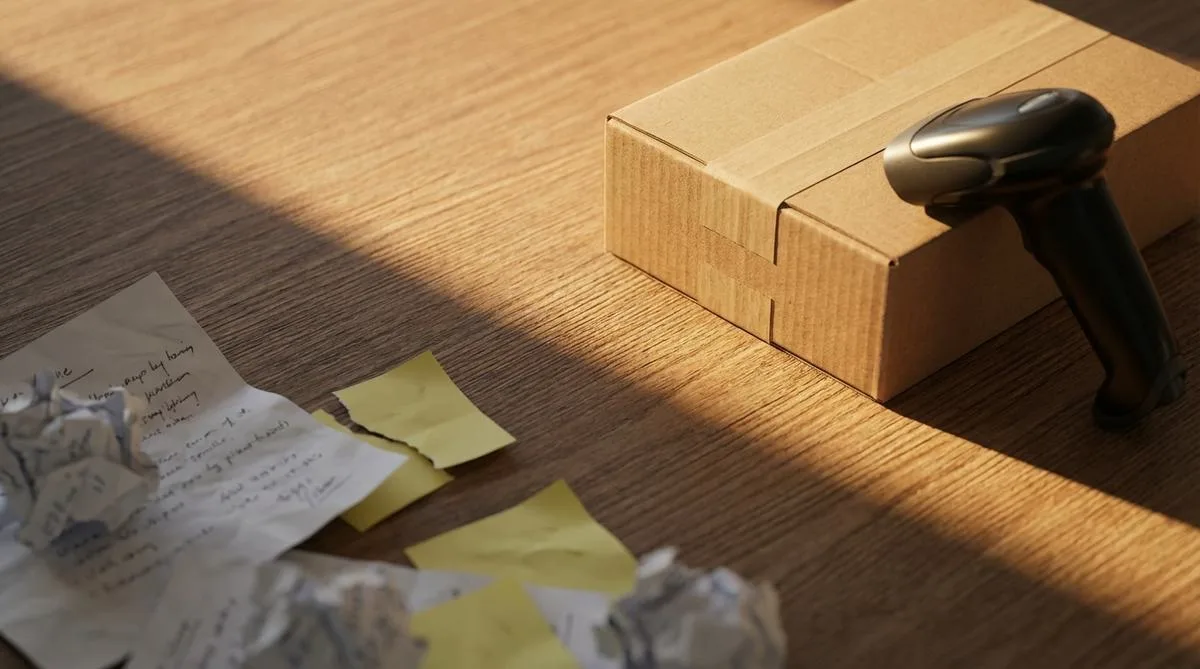 An artistic photo showing the contrast on a wooden table between a pile of crumpled notes and a neatly packaged e-commerce parcel in warm sunlight.