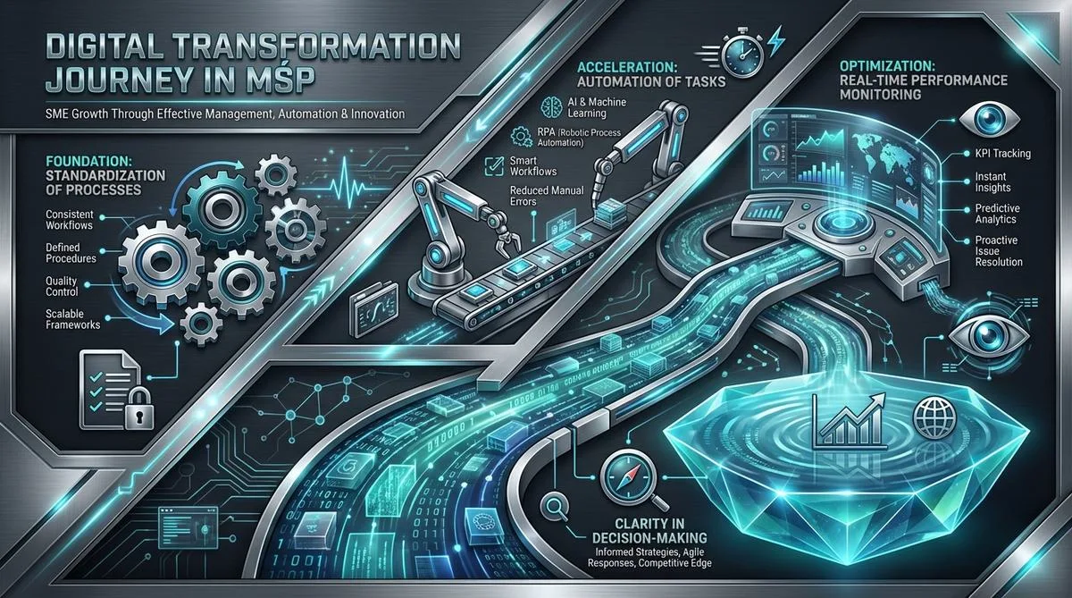 An infographic illustrating the digital transformation journey in small and medium-sized enterprises, with abstract elements symbolizing efficiency and innovation.