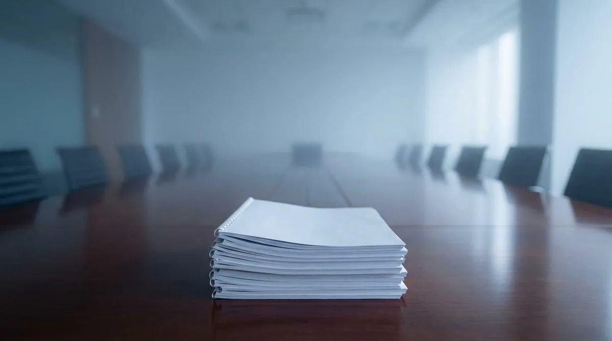 A symmetrical photograph of a modern conference table where a stack of reports is clearly visible, but the rest of the room is engulfed in thick fog symbolizing the absence of data.