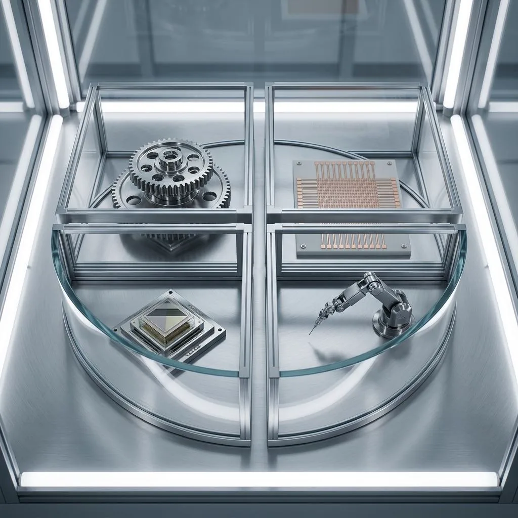 A symmetrical, metallic test platform divided into isolated zones with precision instruments, symbolizing a safe sandbox environment.
