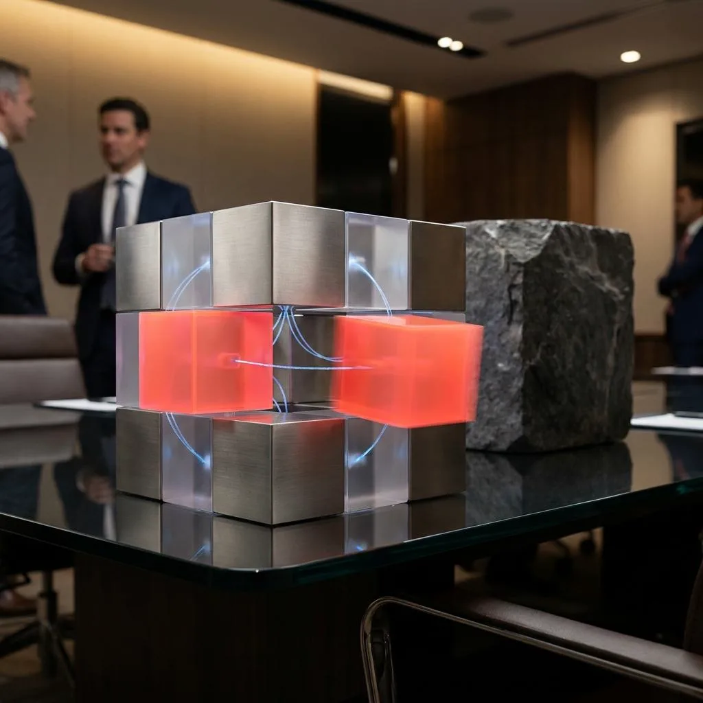 A fast-moving, neon module attaching itself to a modern steel-and-glass sculpture, symbolizing the flexible architecture of Composable ERP against a dark, heavy monolith backdrop.
