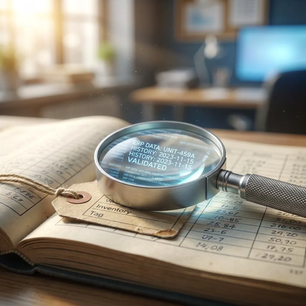 A macro close-up of a magnifying glass enlarging a warehouse document, revealing glowing digital data in a modern office
