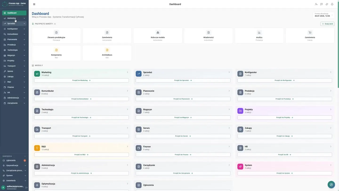 Overview of the application's main dashboard and navigation to the Planning module with visible key metrics and statuses. Gathering data from the shop floor used to require dozens of phone calls. Today, the manager starts the day with a single, clear dashboard. The planning module immediately displays key metrics: the current number of orders, statuses, and material requirements. Instead of hunting for information across different departments, the team gets a complete picture of the situation within seconds. Dashboard and daily start — How a cabin manufacturer eliminated chaos in production planning