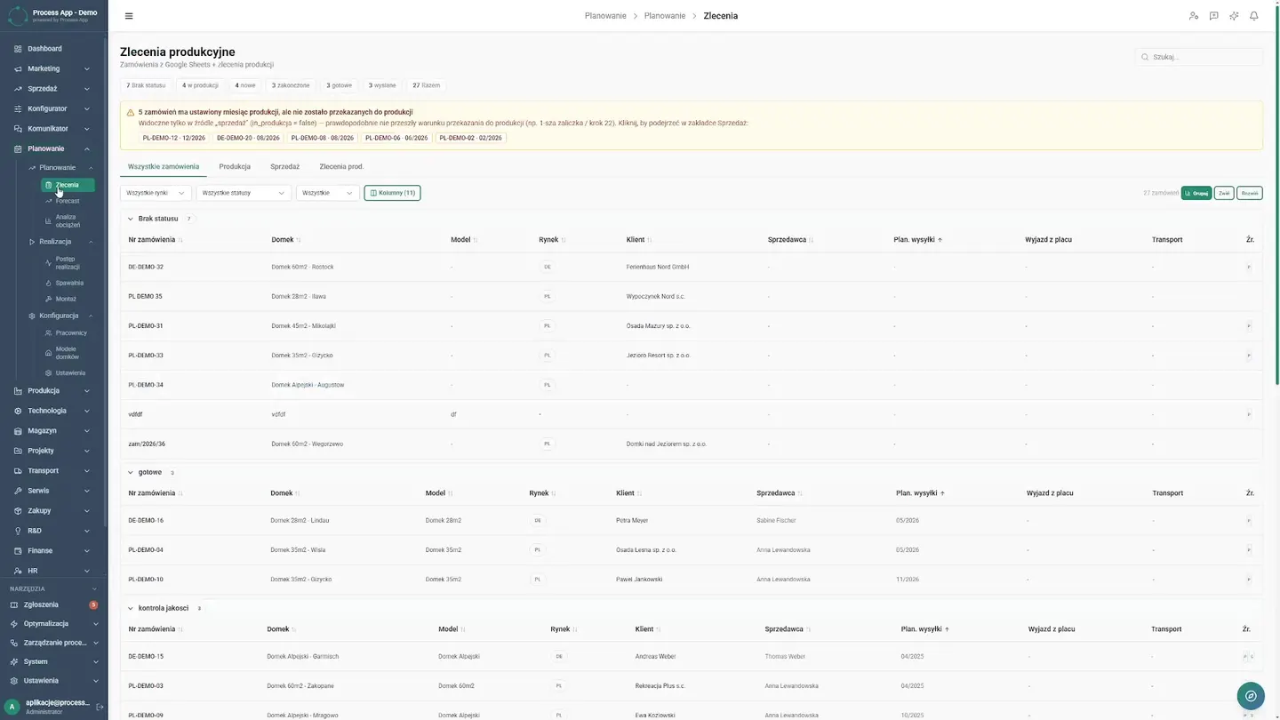 Opening the order list, previewing details in a modal window, and accessing attached technical documents. The problem of lost documents and emails has disappeared. When opening order details from the list, the planner has everything in a single window. Customer data, current status, and technical specifications in PDF format are always at hand. No more searching through folders. Order centralization — How a cabin manufacturer eliminated chaos in production planning