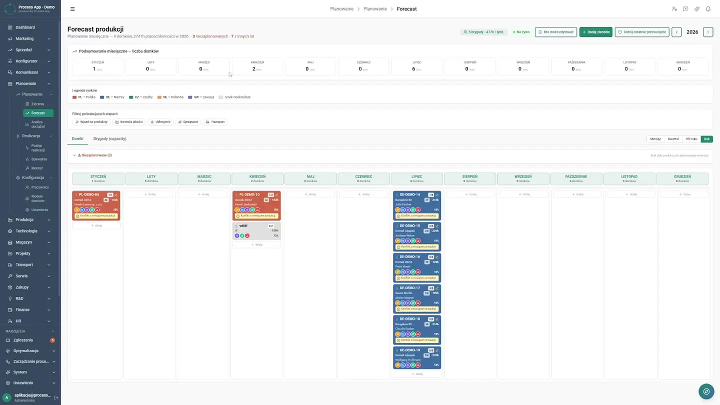 Dragging order cards on the Kanban board to the appropriate months and quickly previewing details. Manually changing a schedule used to mean tediously rewriting spreadsheets. Now forecasting is smooth work on an interactive Kanban board. The planner simply drags an order card from the unplanned pool to the appropriate month. A single click lets them preview the details. Planning has become visual, fast, and error-free. Kanban forecasting — How a cabin manufacturer eliminated chaos in production planning
