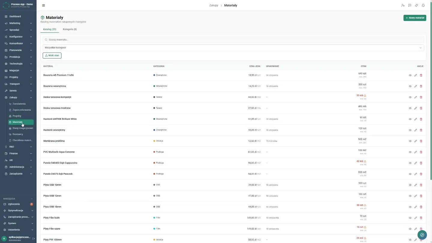 Browsing the clear list of available products in the material catalog. Previously, everyone ordered necessary equipment in their own way, generating chaos and costly mistakes on the floor. The implementation team therefore standardized the entire database. Now employees simply browse a clear catalog of available products. Instead of guessing item codes, they navigate smoothly through a logical material category tree. This definitively eliminated ordering errors, and coordinators instantly find whatever the site's technical specification requires. Standardized Catalog — How to Eliminate Material Shortages in Projects | Case Study