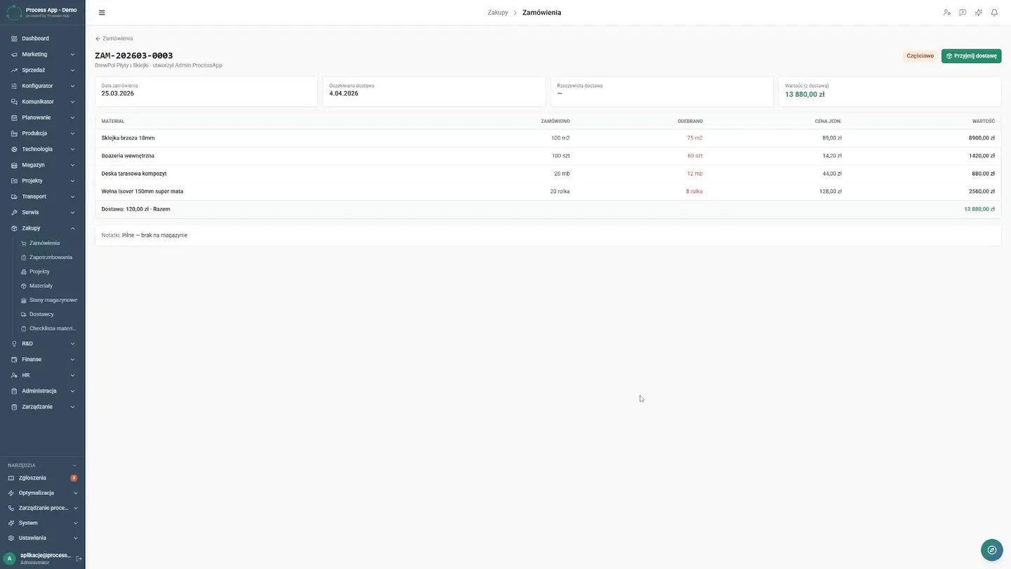 Completing the delivery acceptance form in a modal window and updating the status. Today the warehouse worker fills in a short digital delivery acceptance form, and the order status updates in a fraction of a second. Lightning-Fast Receipts — How to Eliminate Material Shortages in Projects | Case Study