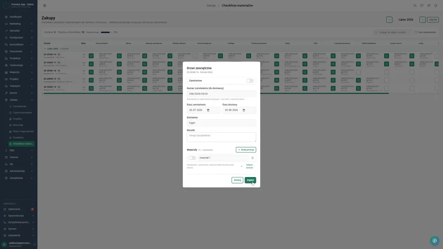 Reviewing the material list in the warehouse and quickly receiving a new quantity of goods. The team has full confidence in material availability, and the main list shows quantities in stock. Digital goods receipt instantly updates inventory levels and eliminates discrepancies. Up-to-Date Inventory Levels — How to Eliminate Material Shortages in Projects | Case Study