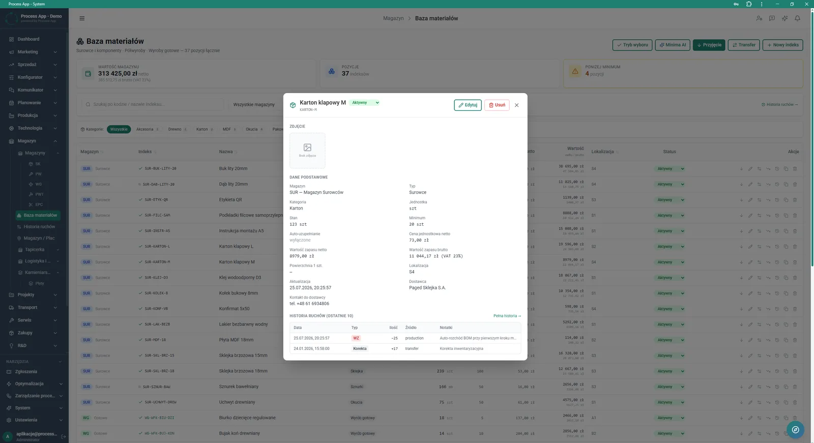 Material database screen with an open detail window for a specific item, showing master data, stock levels, and movement history.