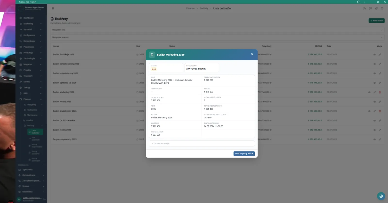 Budget List screen with an open preview window for the selected budget, showing its parameters and financial indicators.