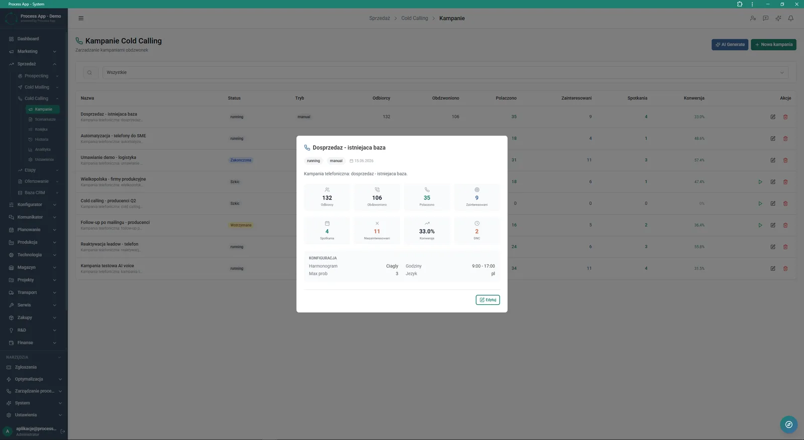 Cold Calling Campaigns screen with a table view of campaigns and an open details pane for the selected campaign showing its statistics and configuration.
