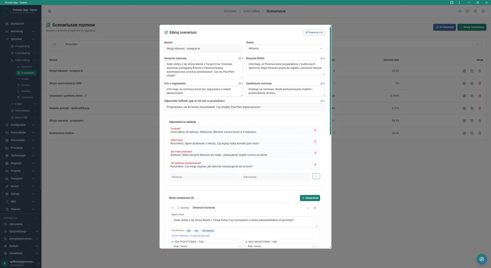 Call Scripts screen with an open editor for a selected script, displaying text fields for each call stage, a list of objection responses and decision node configuration.
