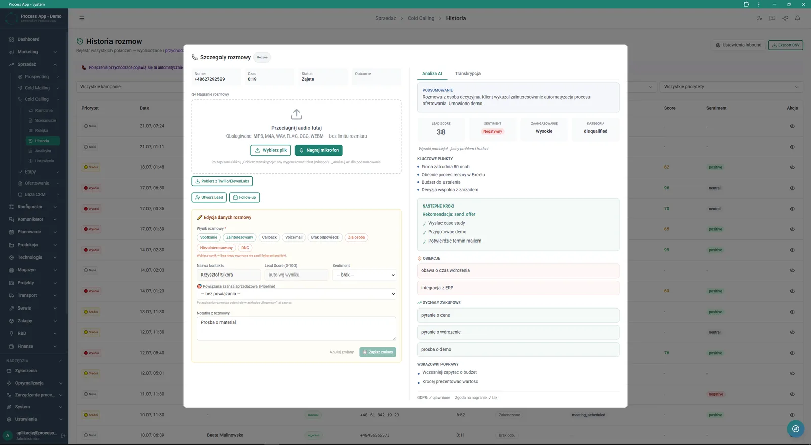 Call history screen with an open call details window showing options to add recordings, a form to edit call data, and an AI analysis tab with summary, indicators and insights.