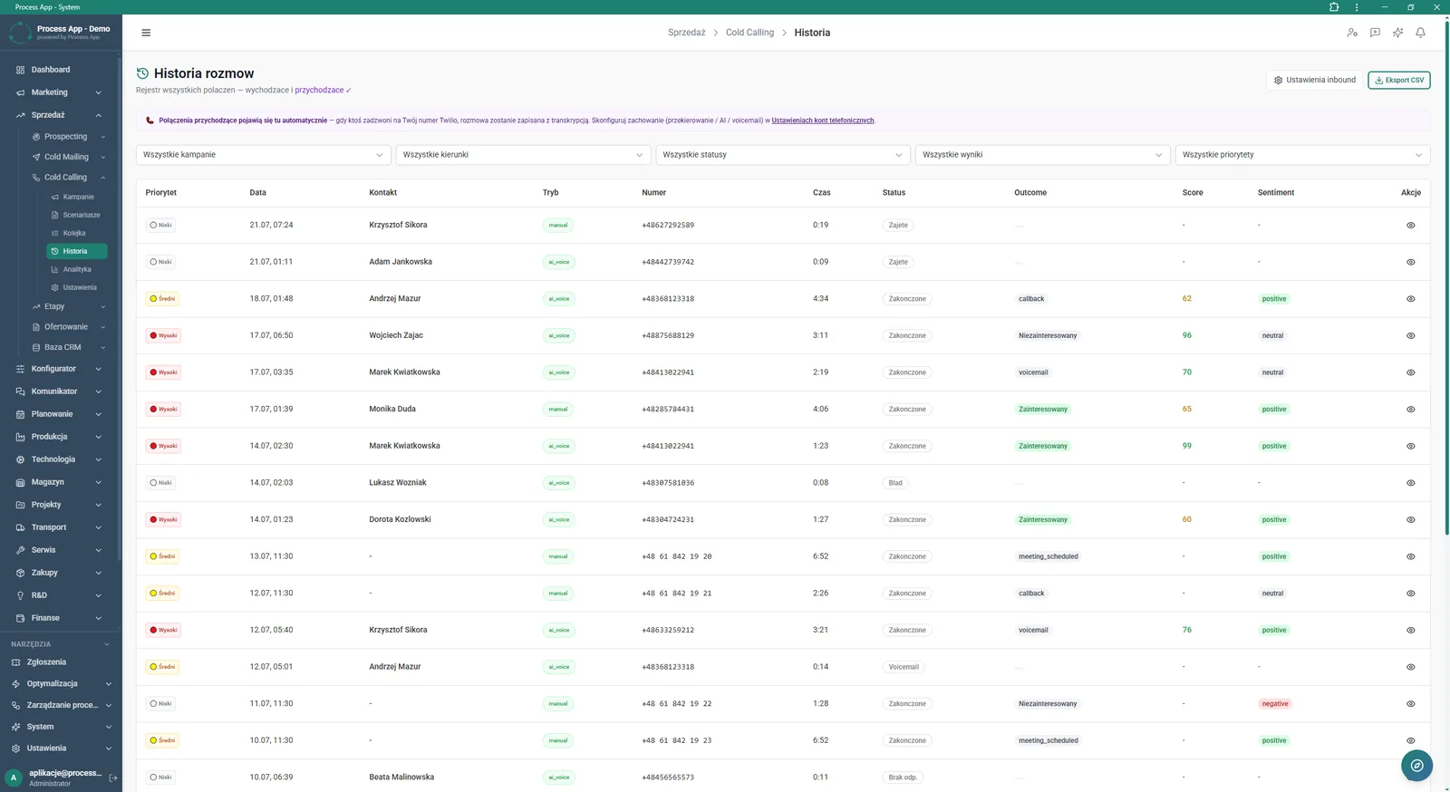 Call History screen presenting a tabular log of all outbound and inbound calls with filters and detailed metrics such as status, result, rating and sentiment.