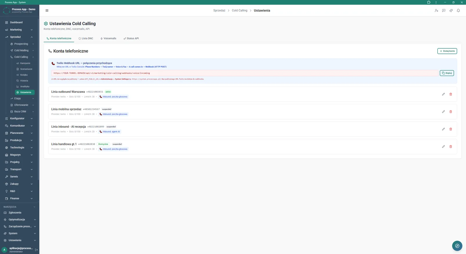 Cold Calling module settings screen in the Phone accounts tab, showing Twilio webhook configuration and a list of connected phone numbers with their limits and statuses.