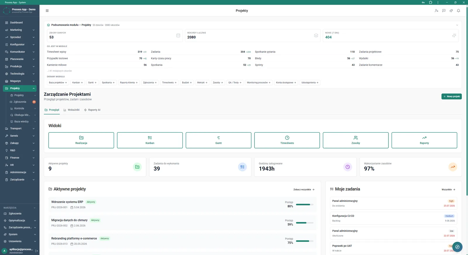 Main Projects module screen presenting a summary of statistics, navigation tiles to views, and short lists of the user’s active projects and tasks.