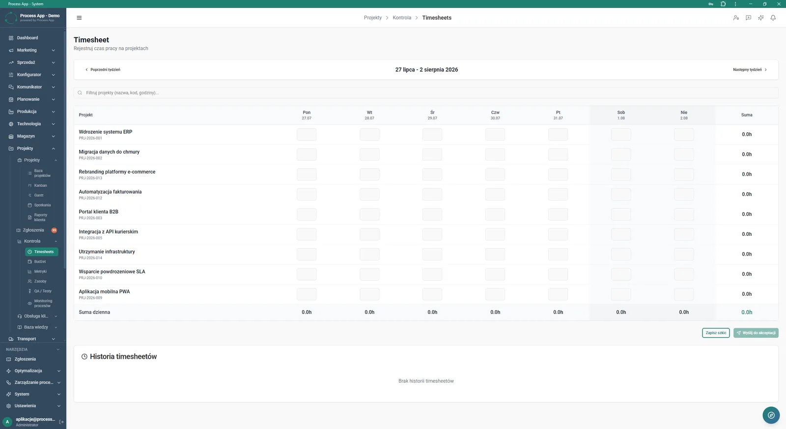 Timesheet screen for recording work time, containing a table with the list of projects and fields for entering hours for each day of the selected week.