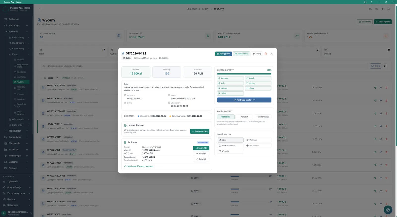 The Quotes screen with the details window of a specific offer open, showing its parameters, status, related proforma and document generation options.