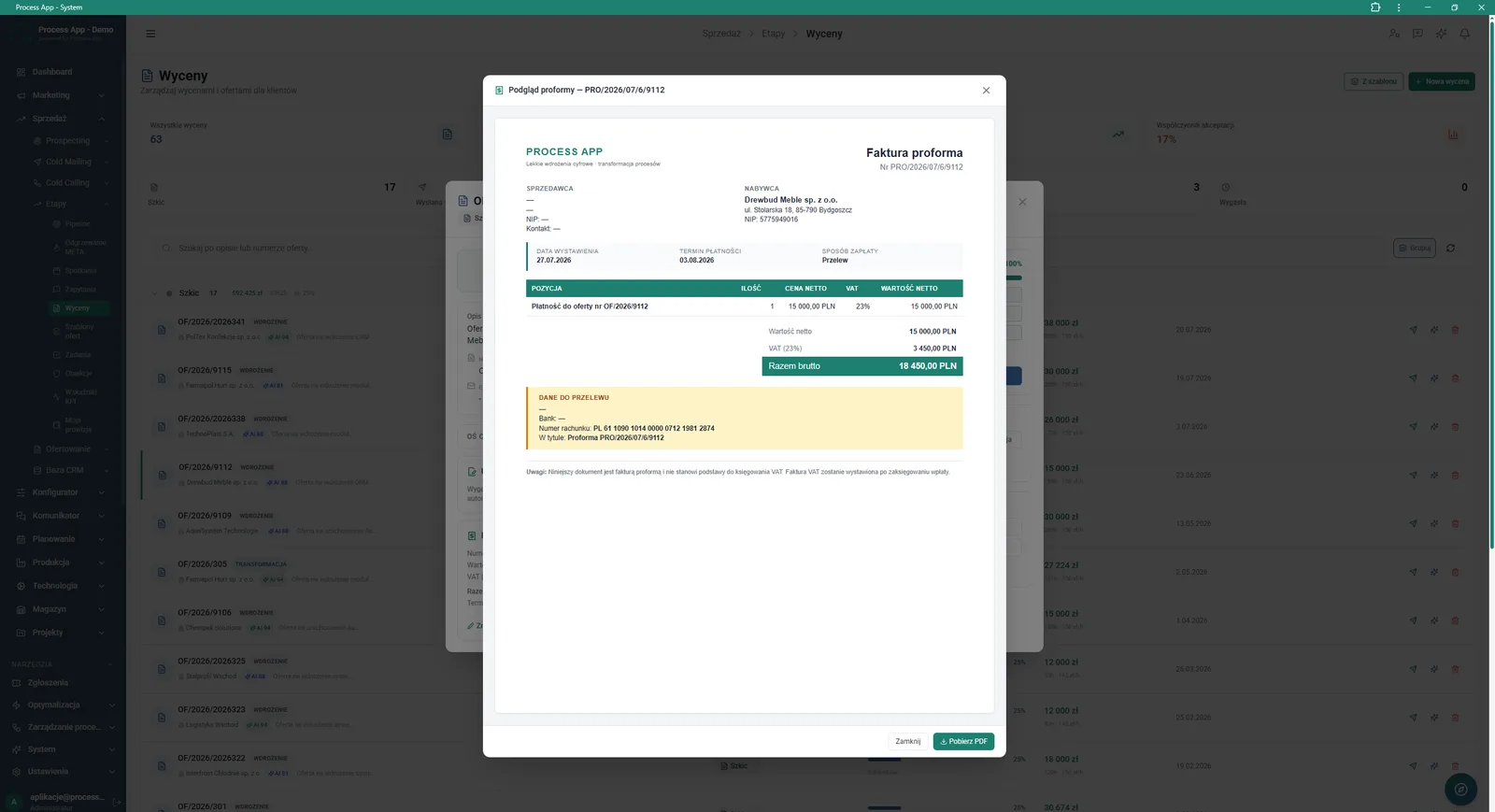 The Quotes screen with the preview window of a generated proforma invoice open, showing contractor data, document line items and bank transfer details.
