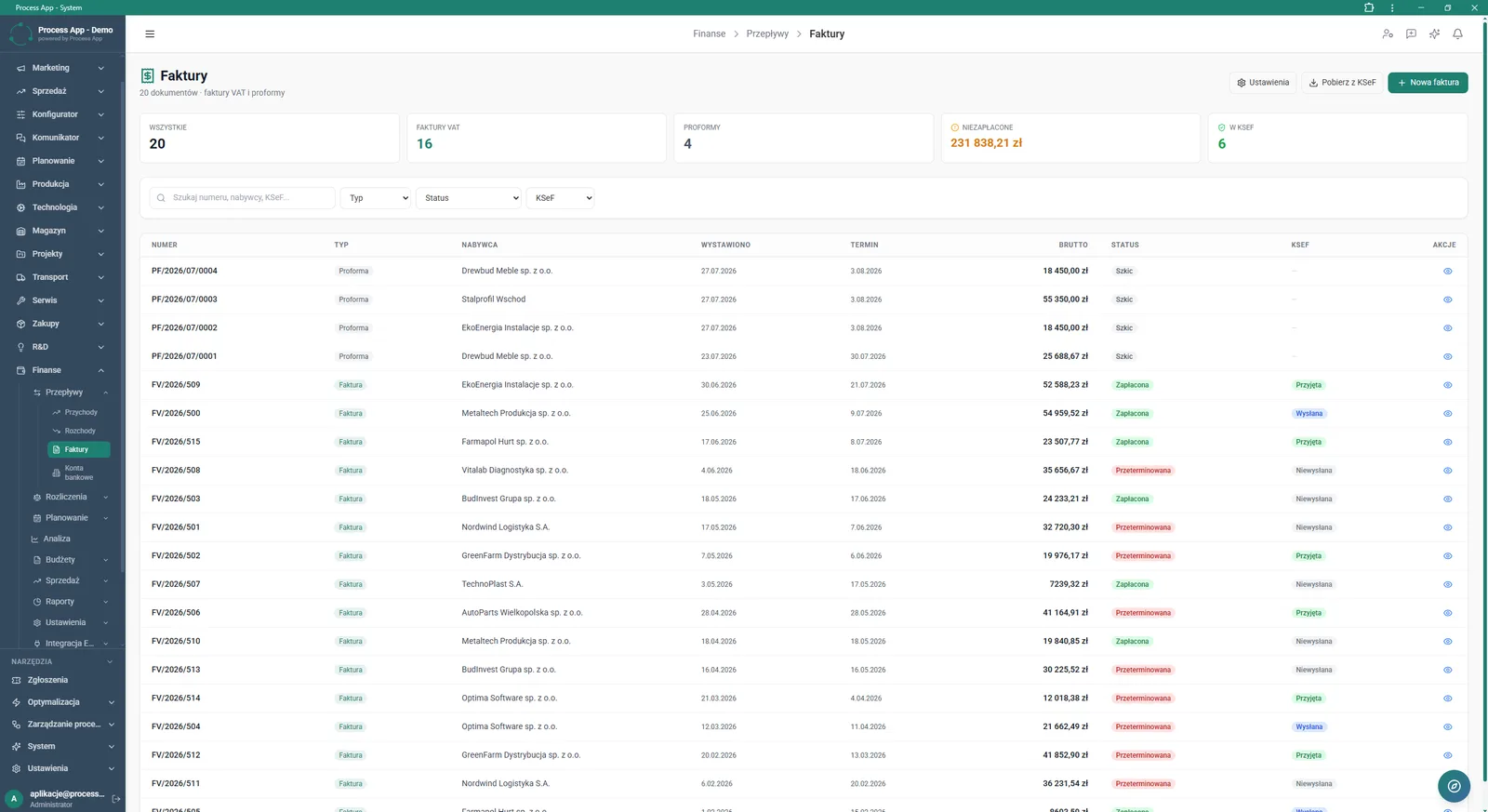 The Invoices screen presents a list of sales documents with tiles summarising their count and value, plus a table with details such as number, type, buyer, gross amount, payment status and KSeF status.