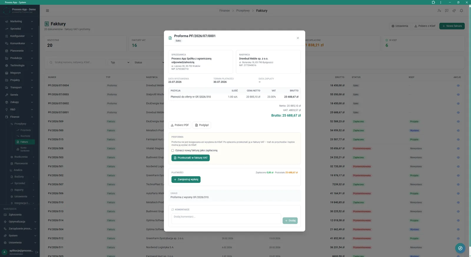 The Invoices screen with the details window of a Proforma document open, showing contractor data, items, payment status and options to convert it into a VAT invoice.