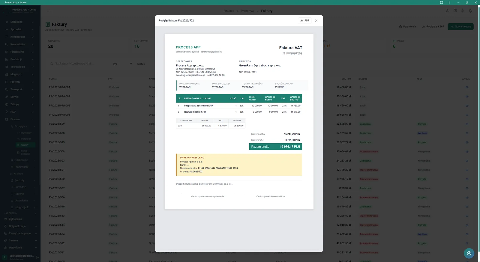 The Invoices screen with the preview window of a generated VAT invoice open, showing the full document view with seller and buyer data, items and bank transfer details.